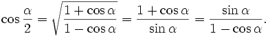 \cos\frac{\alpha}{2}=\sqrt{\frac{1+\cos\alpha}{1-\cos\alpha}}=\frac{1+\cos\alpha}{\sin\alpha}=\frac{\sin\alpha}{1-\cos\alpha}.